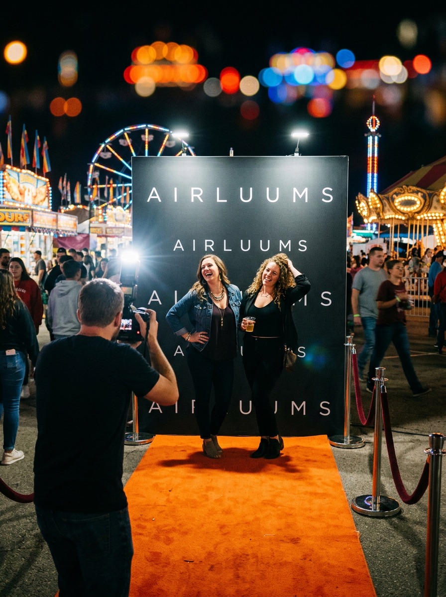 The AIRLUUMS orange carpet and backdrop at a county fair