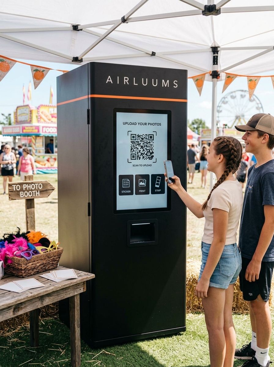 The AIRLUUMS vending kiosk inside a fair tent, daytime