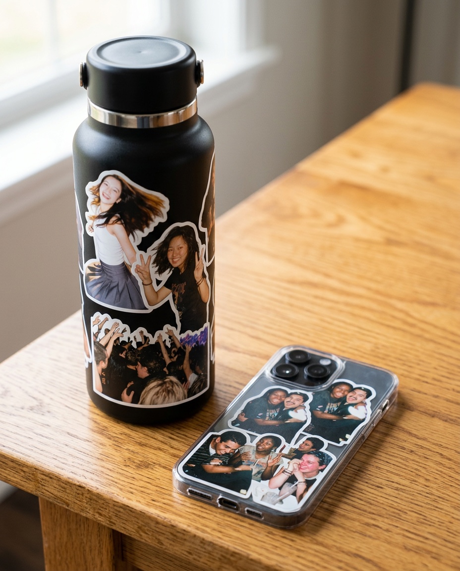Big die-cut photo stickers on a black water bottle and a clear phone case