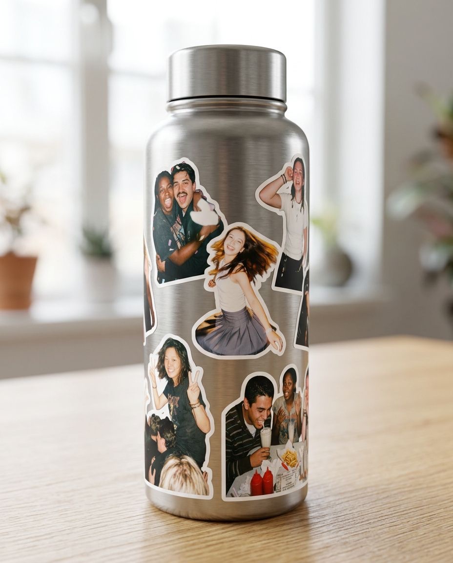 Big die-cut photo stickers on a steel water bottle