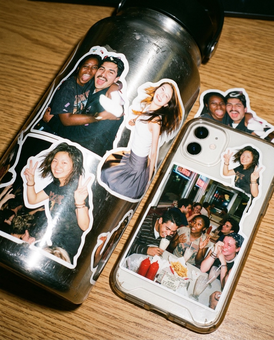 A steel bottle and phone case covered in big die-cut photo stickers on a desk