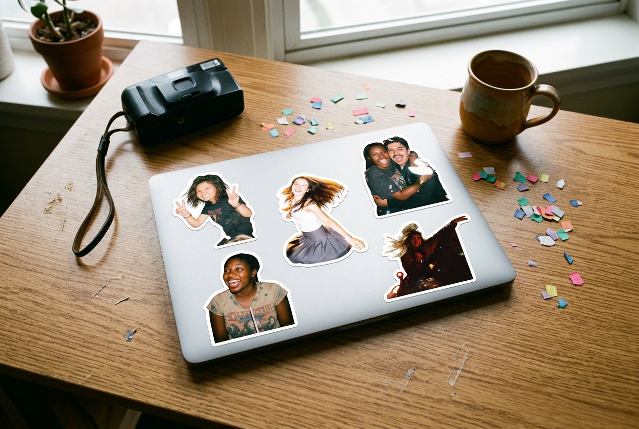 Five big die-cut photo stickers on a closed laptop lid, film camera and coffee beside it