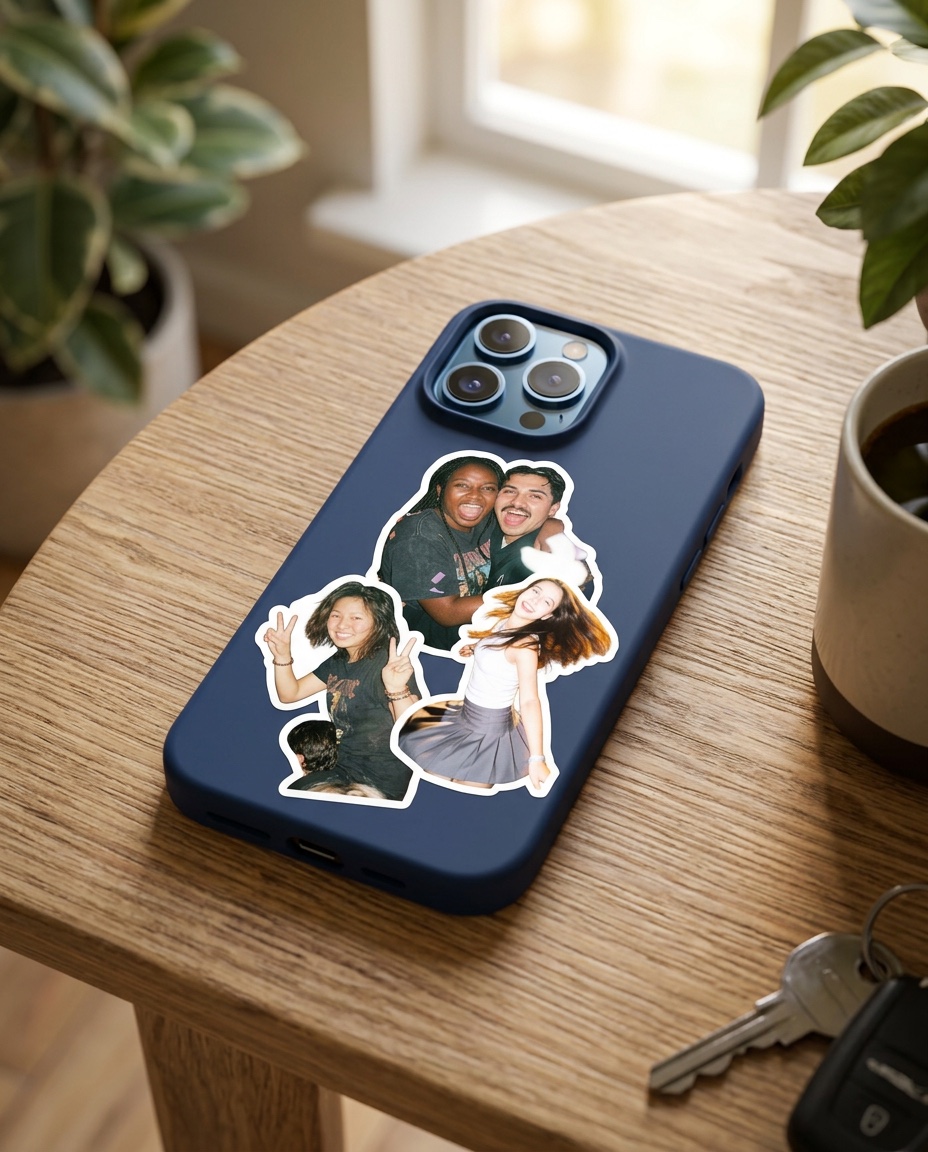 Big die-cut photo stickers on a navy phone case