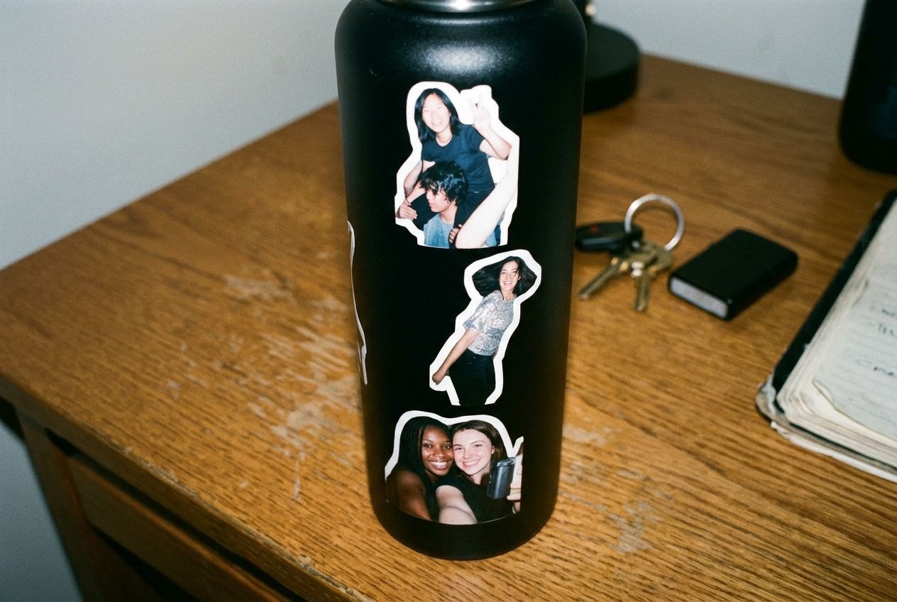 Small die-cut photo stickers on a black steel water bottle