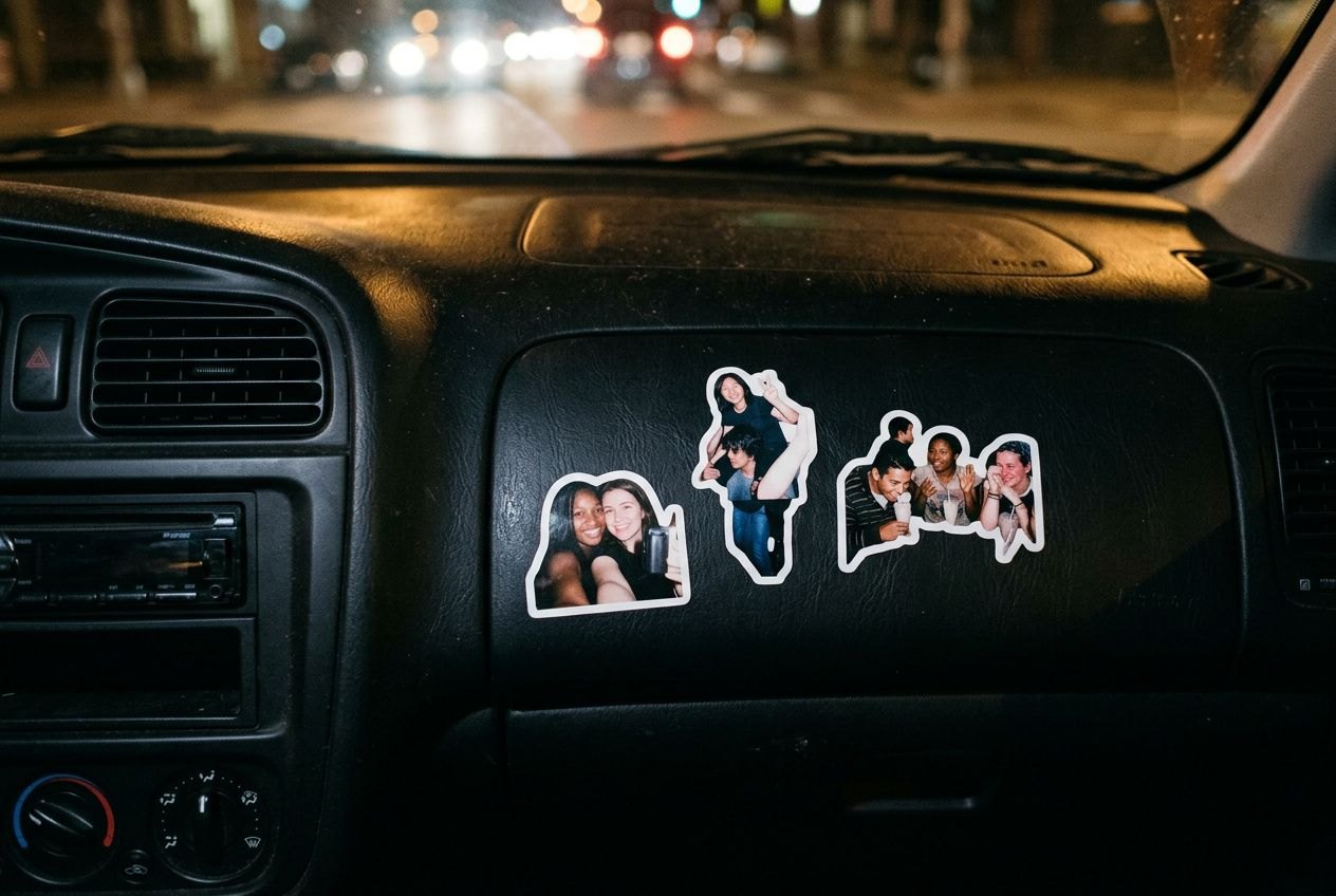 Small die-cut photo stickers on a car dashboard at night