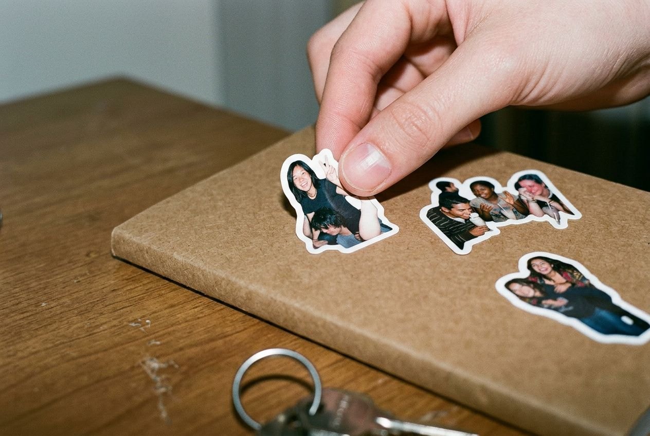 A fingertip pressing a small die-cut photo sticker onto a kraft journal