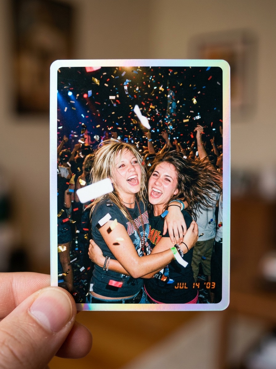 A single trading card of two friends, held between two fingers
