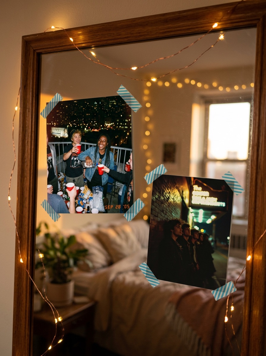 Postcards from the night taped to a bedroom mirror