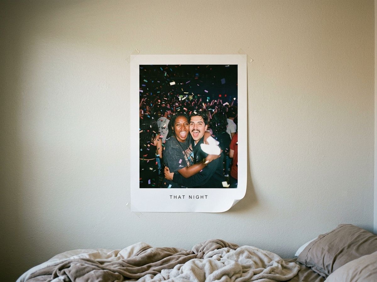 A poster of the night taped flat to a bedroom wall