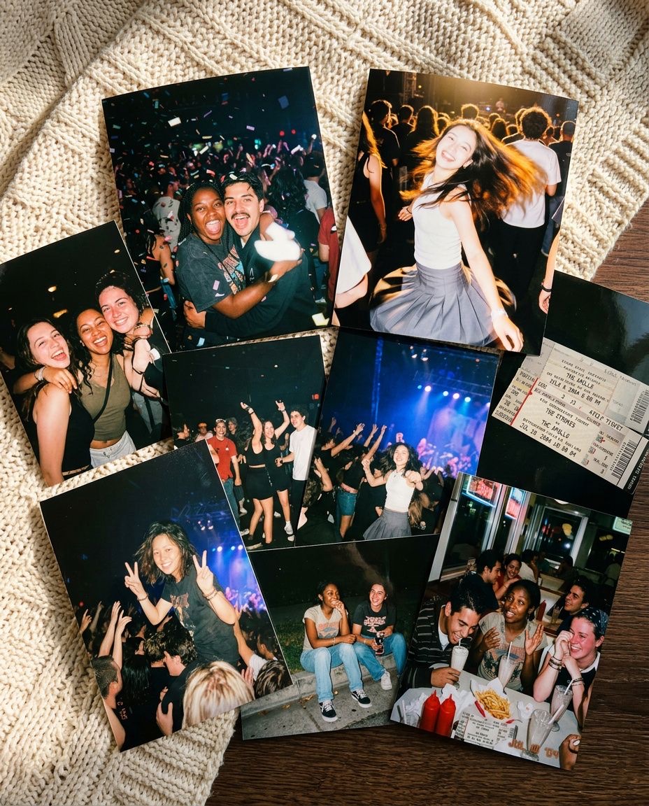 Glossy 4x6 prints scattered on a bed