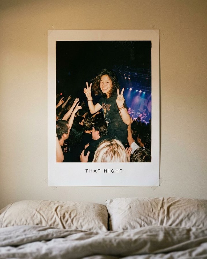 The Poster — a print of your night, taped above a bed