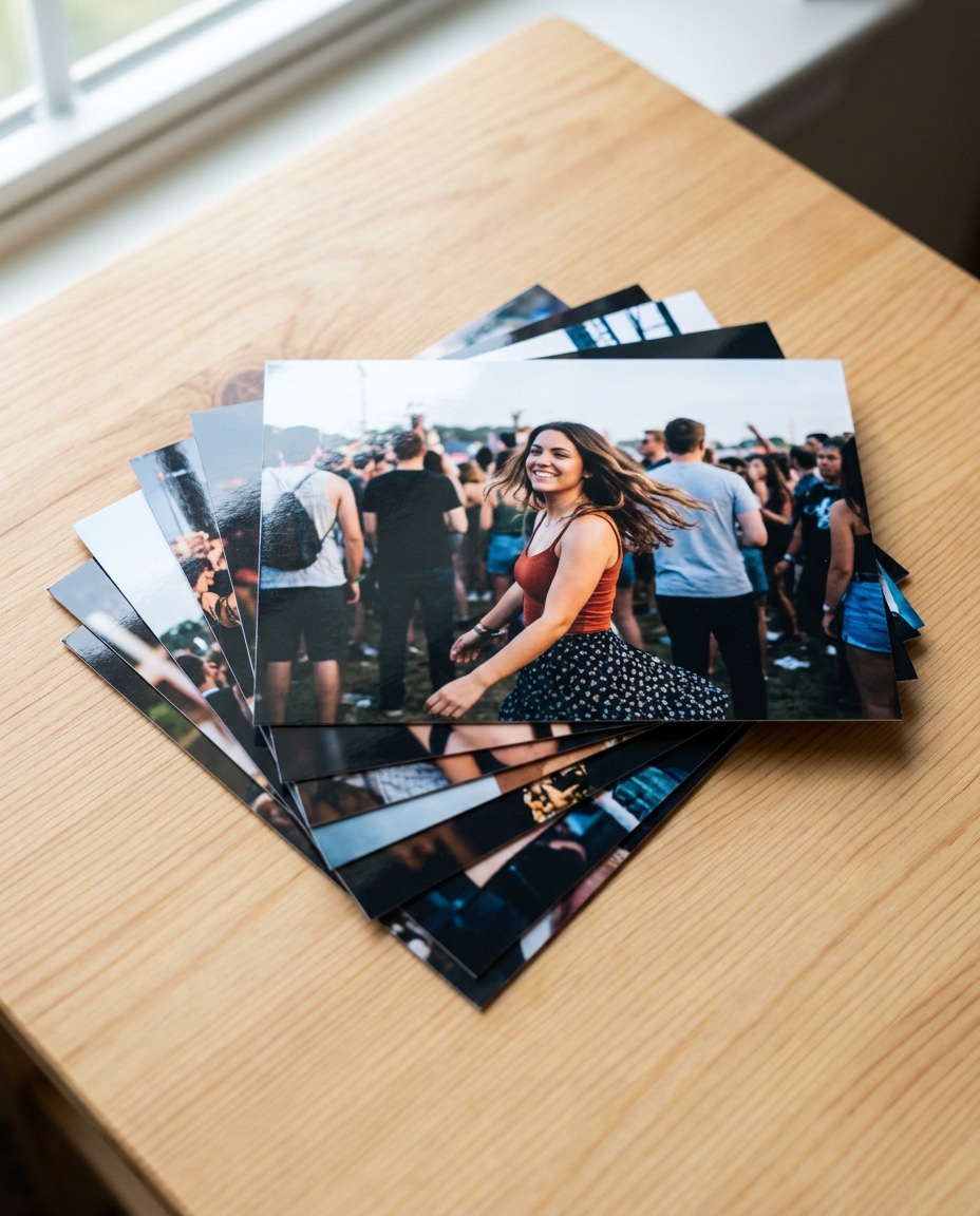 A stack of glossy 4x6 photo prints on a table