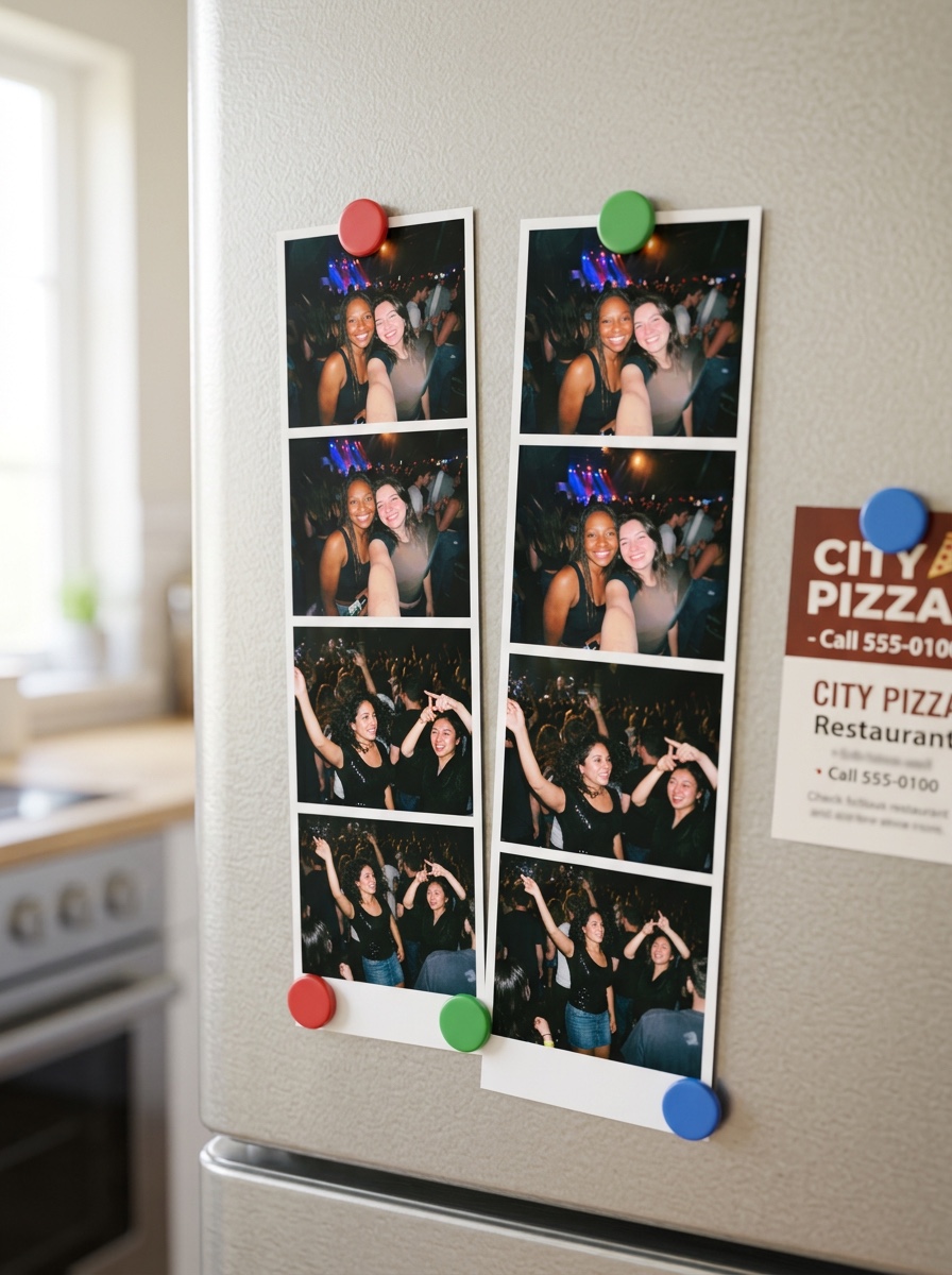 Photo strips of the night held on a fridge by magnets