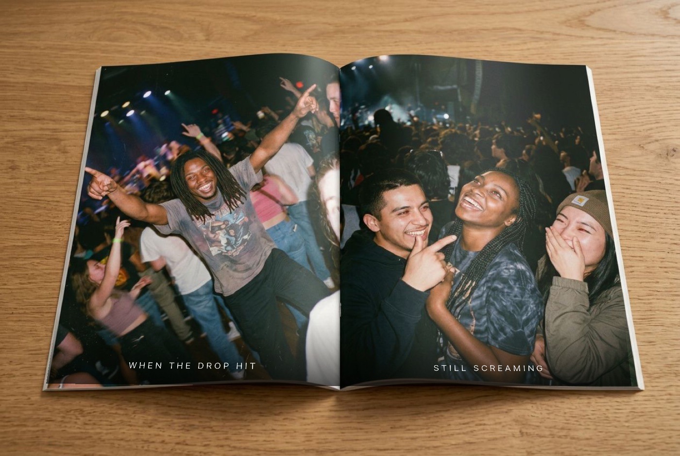 The zine held open — a full-bleed spread of the crowd dancing