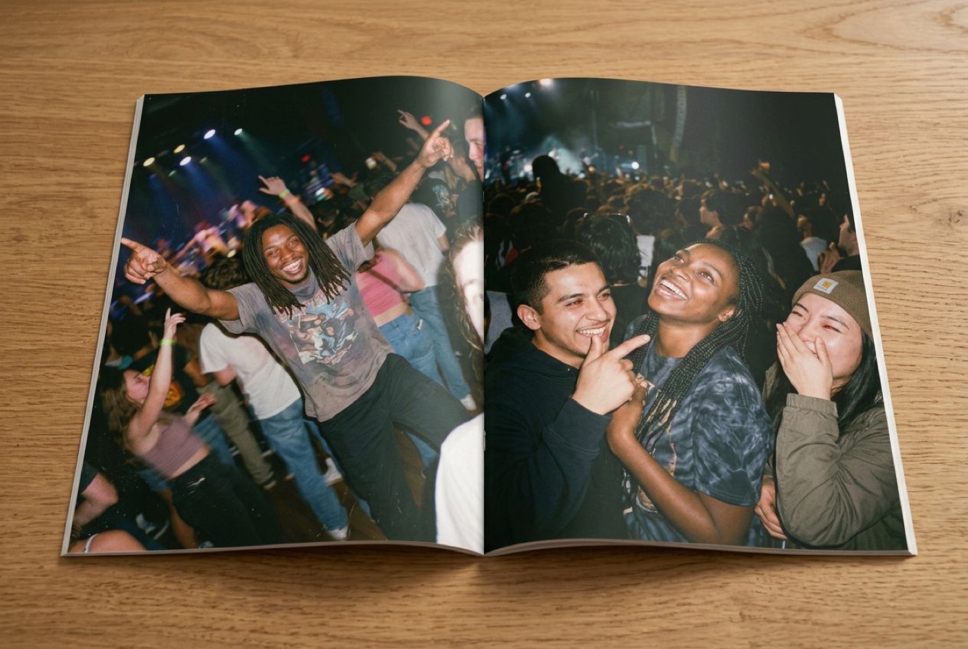 Open zine spread — flash photos of friends dancing