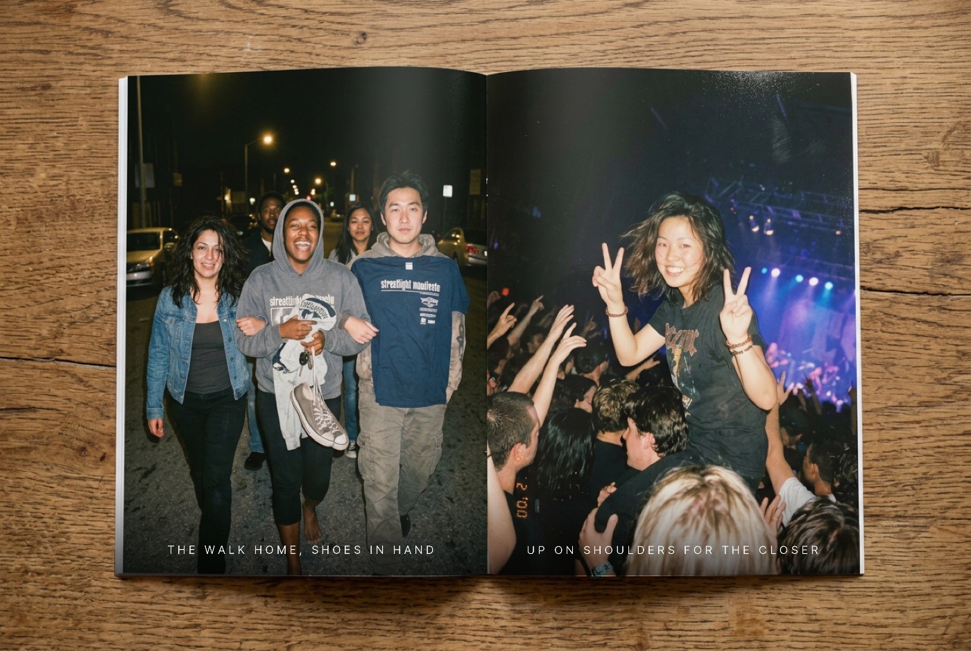 The zine held open — the walk home and a friend on shoulders